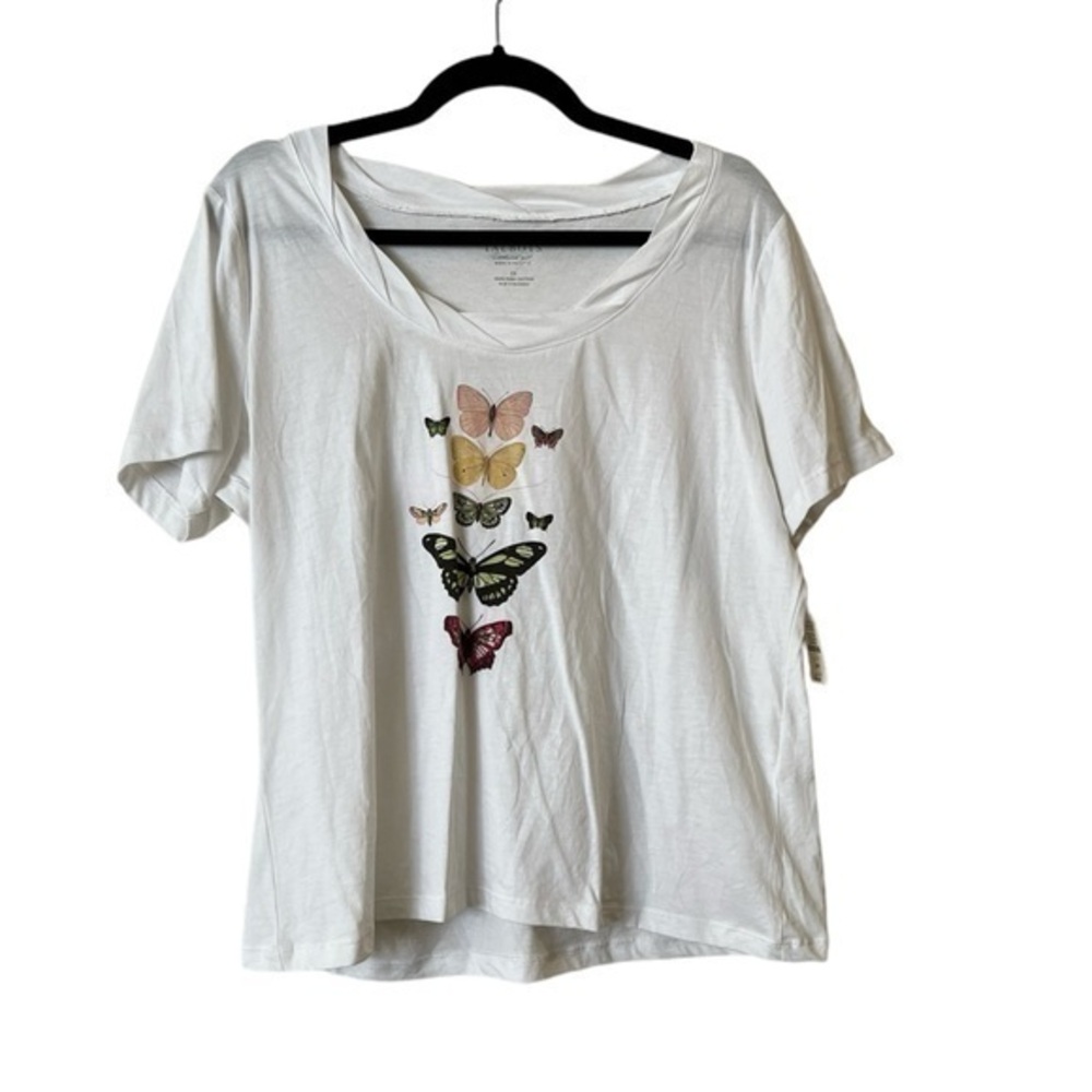 NWT Talbots White Short Sleeve Pleated Collar Butterfly Tee Shirt